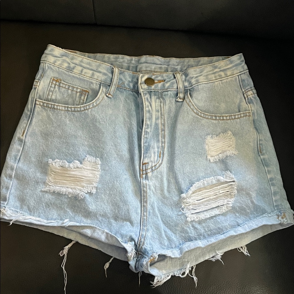 Trendy Light Blue Ripped Denim Shorts